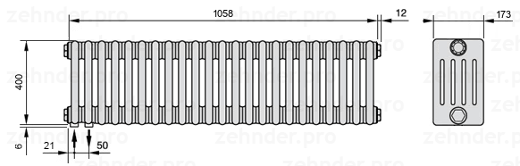 Схема (чертеж) Радиатор Zehnder Charleston 5040/23 №3370 Белый глянцевый RAL 9016